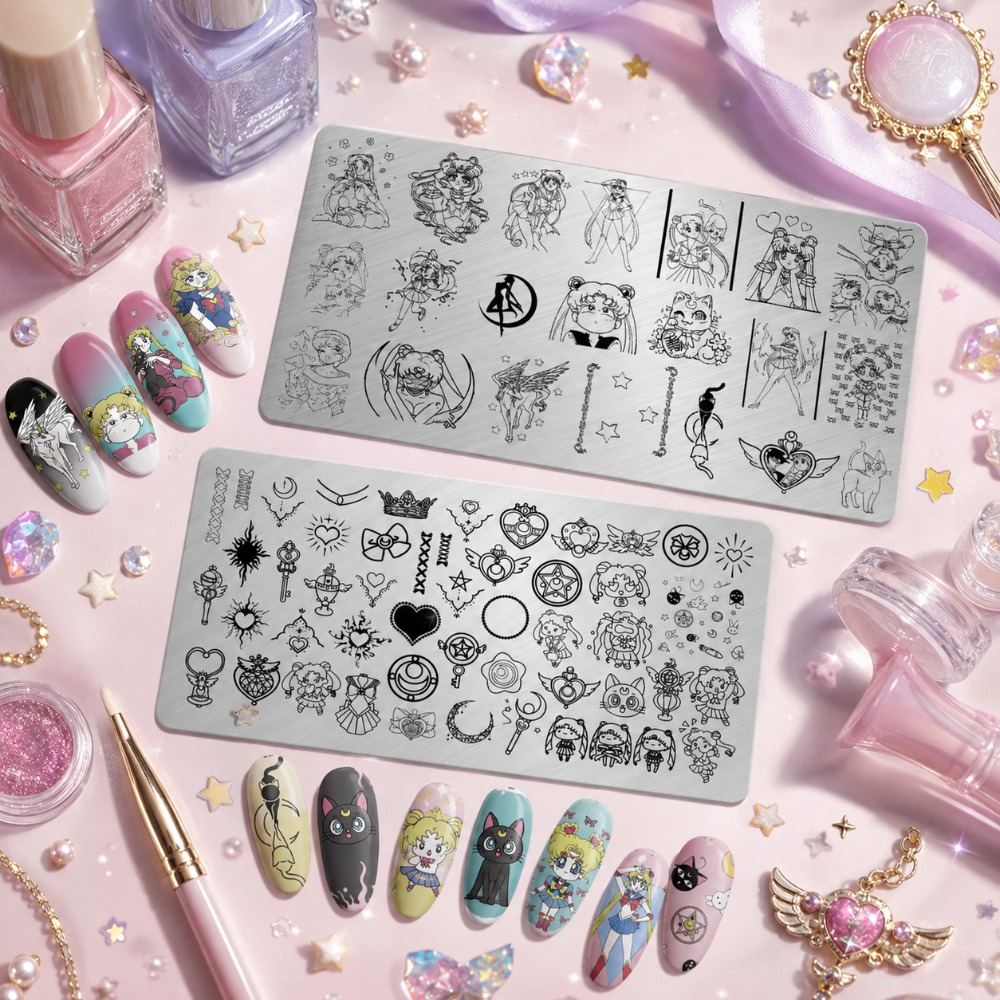 Nail Art Maroon - セーラームーンアニメネイルスタンピングプレート、かわいい漫画キャラクターステンレススチールネイルアートテンプレートDIYマニキュア用