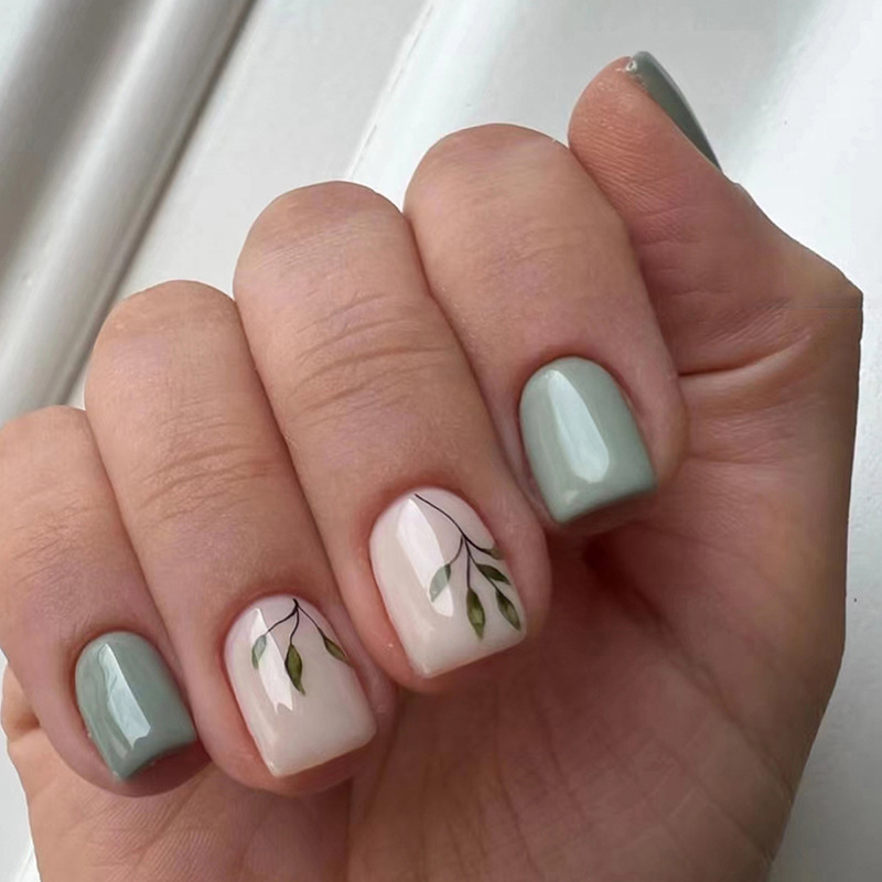 Nail Art Design - 24 個再利用可能な付け爪ショートスクエアヘッドプレス付け爪緑の葉デザインウェアラブルフルカバーネイルアートパッチ