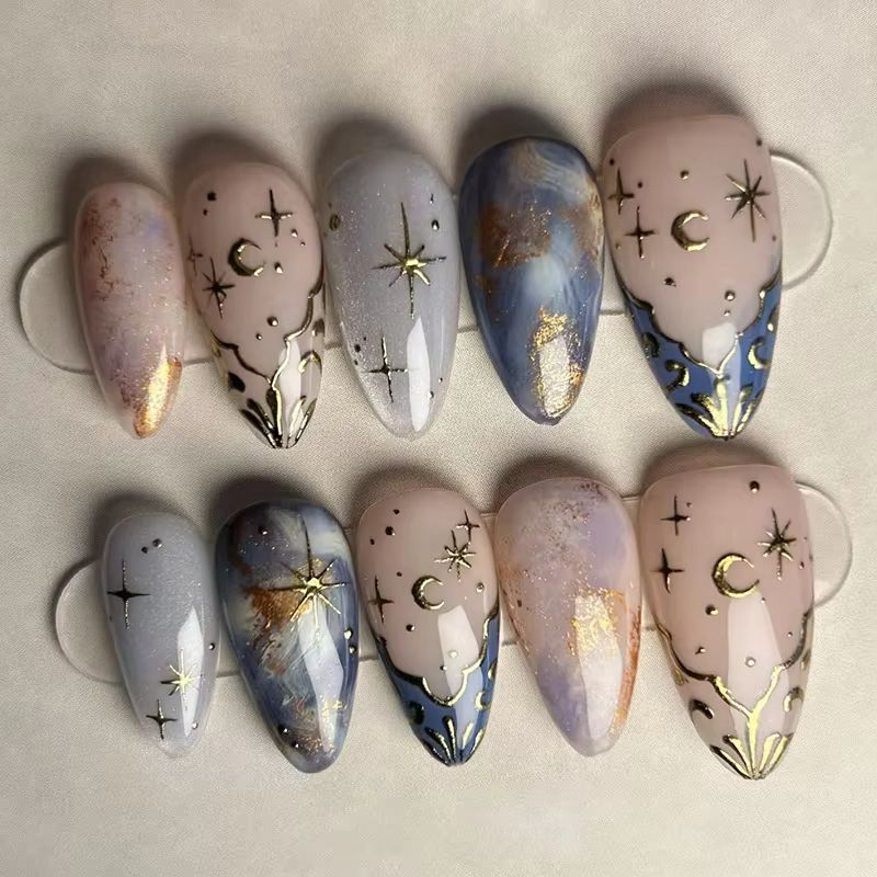 Nail Art Aesthetic - 24枚入りショートアーモンドネイルセット、フルカバースタームーンウェーブフレンチグリッタープレスオンネイル、ジェリー接着剤付き取り外し可能ネイルアート