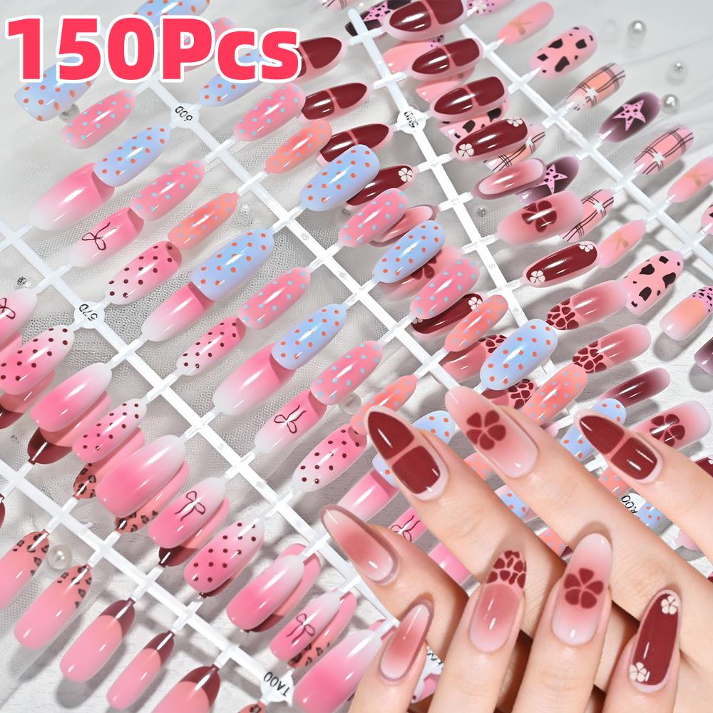 Nail Art Aesthetic - 150枚入り ピンクブルーオンブレ レオパード柄 ポルカドット フェイクネイル フレンチチップ