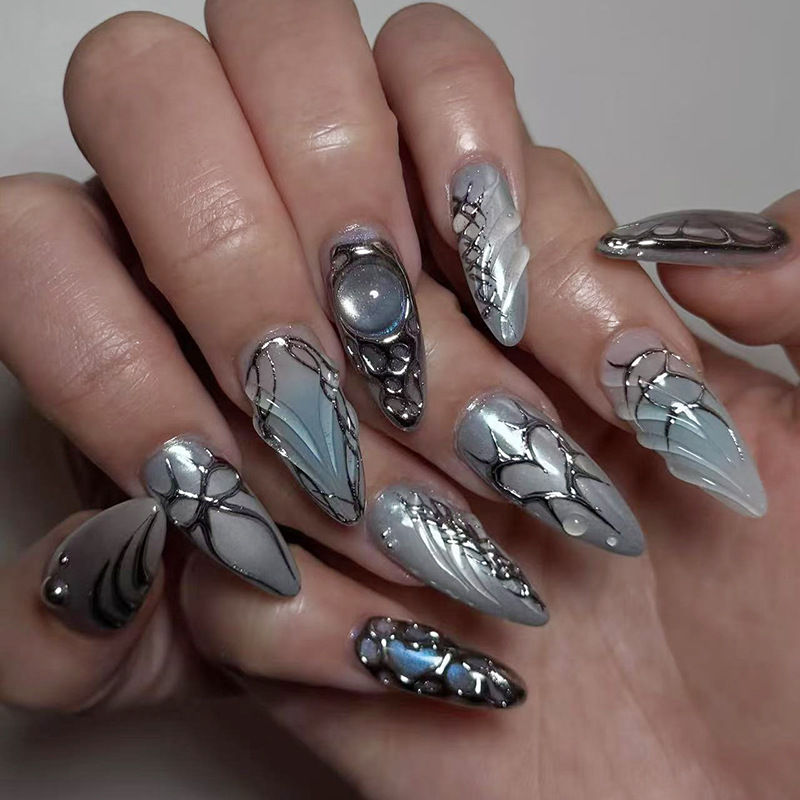 Nail Art Design - 24個入りウェアラブルプレスオンネイルセット グラデーションブルー ロングアーモンド型付け爪 リボンとラブラインデザイン フェイクネイルチップ マニキュア