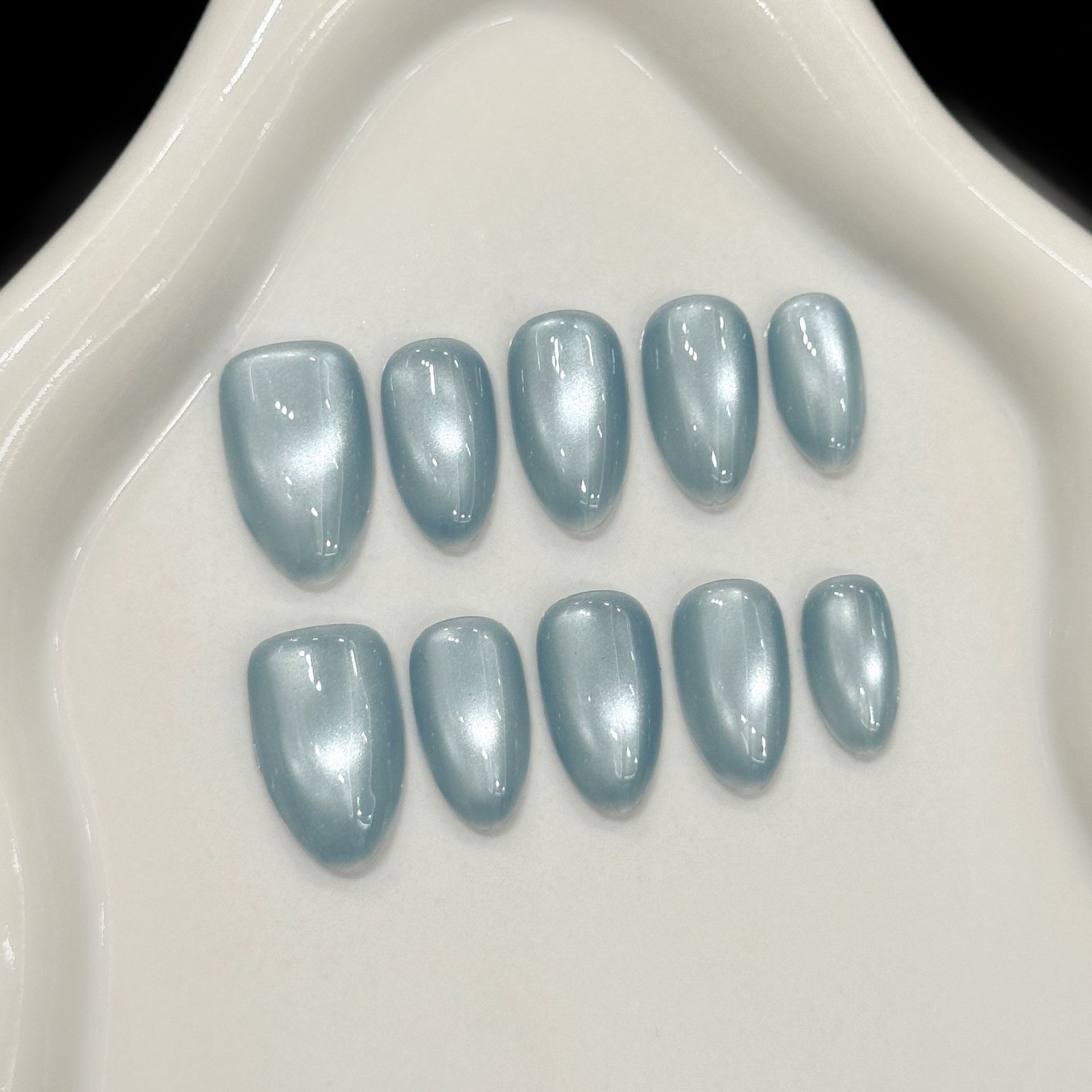 Nail Art Aesthetic - 10 個ブルーキャットアイフレンチショートアーモンド手作り偽爪装飾デザインネイルアートシンプルなファッションプレスオン偽爪