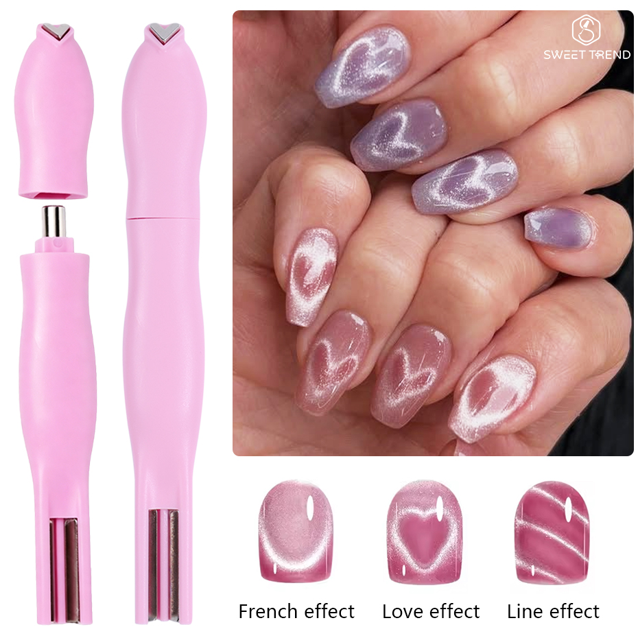 Nail Art Maroon - 3-in-1ハート型キャッツアイネイルアートマグネット、ダブルラインムーンスネークフレンチマグネットペン、マグネットジェルポリッシュDIYマニキュアツール用