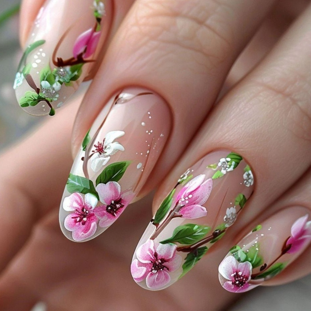 Nail Art Design - 短いアーモンドの偽の爪,接着剤付きの3D花,カラフルな天然アクリル,フルカバーのセット