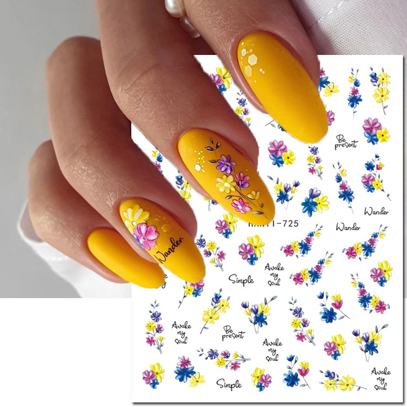 Nail Art Yellow - 3d ネイルアートデカール夏のニュアンス花柄黄色、青、ピンクの花粘着スライダーネイルステッカー装飾マニキュア