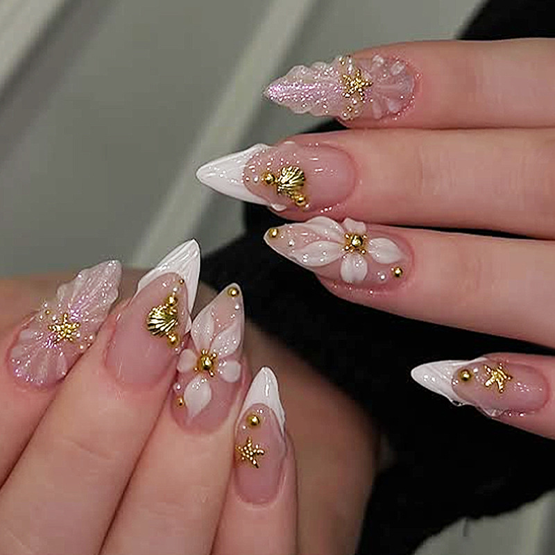 Nail Art Aesthetic - 24枚入り完成品アーモンド型プレスオンネイルアート、再利用可能なスイートフラワーピンクロングフェイクネイルセット、シェルパールデザインのフェイクネイルチップ付き