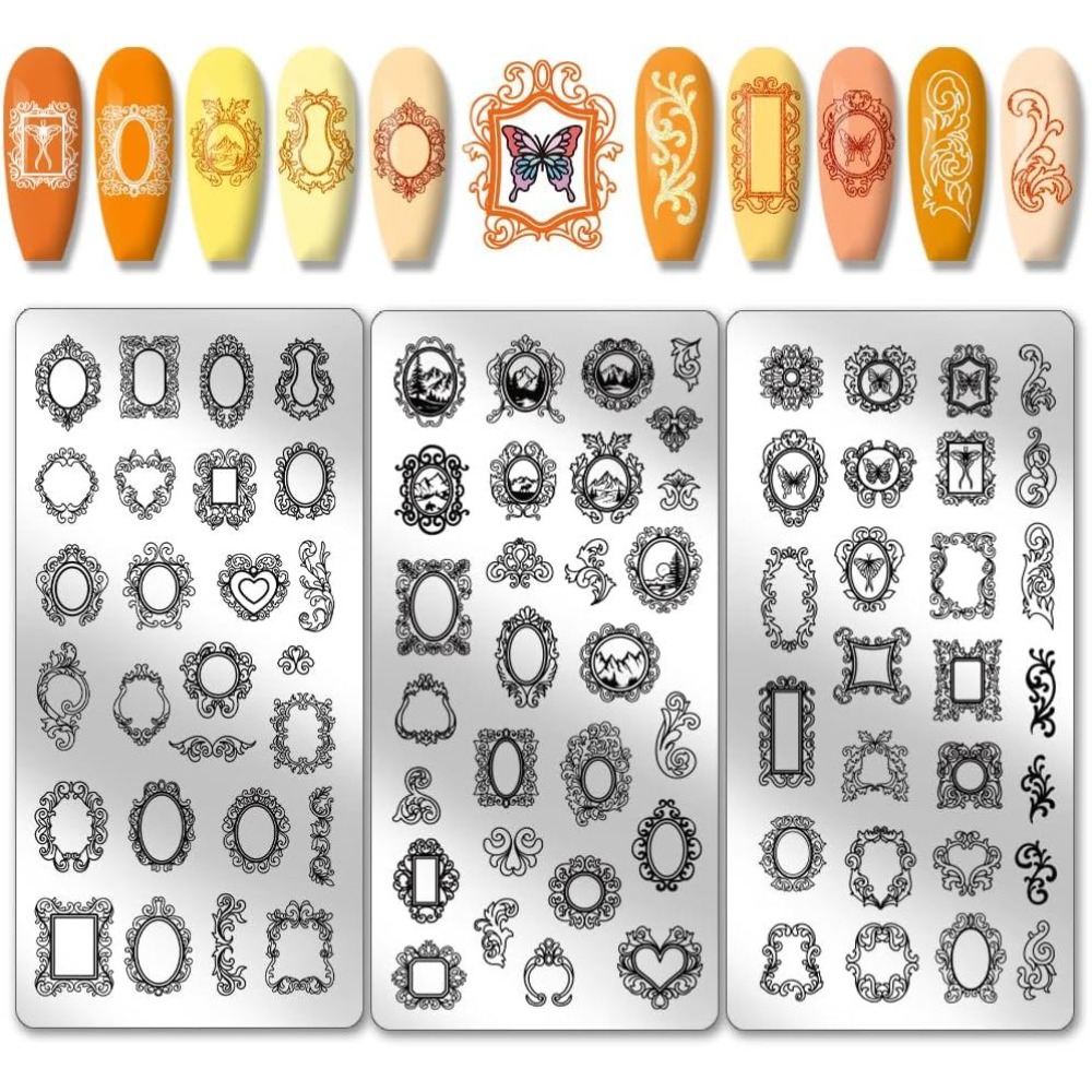 Nail Art Motif - 3 個ヴィンテージ写真フレームネイルスタンピングプレート混合フォトフレーム風景ネイルアートテンプレートネイルアートステンシルイメージプレート