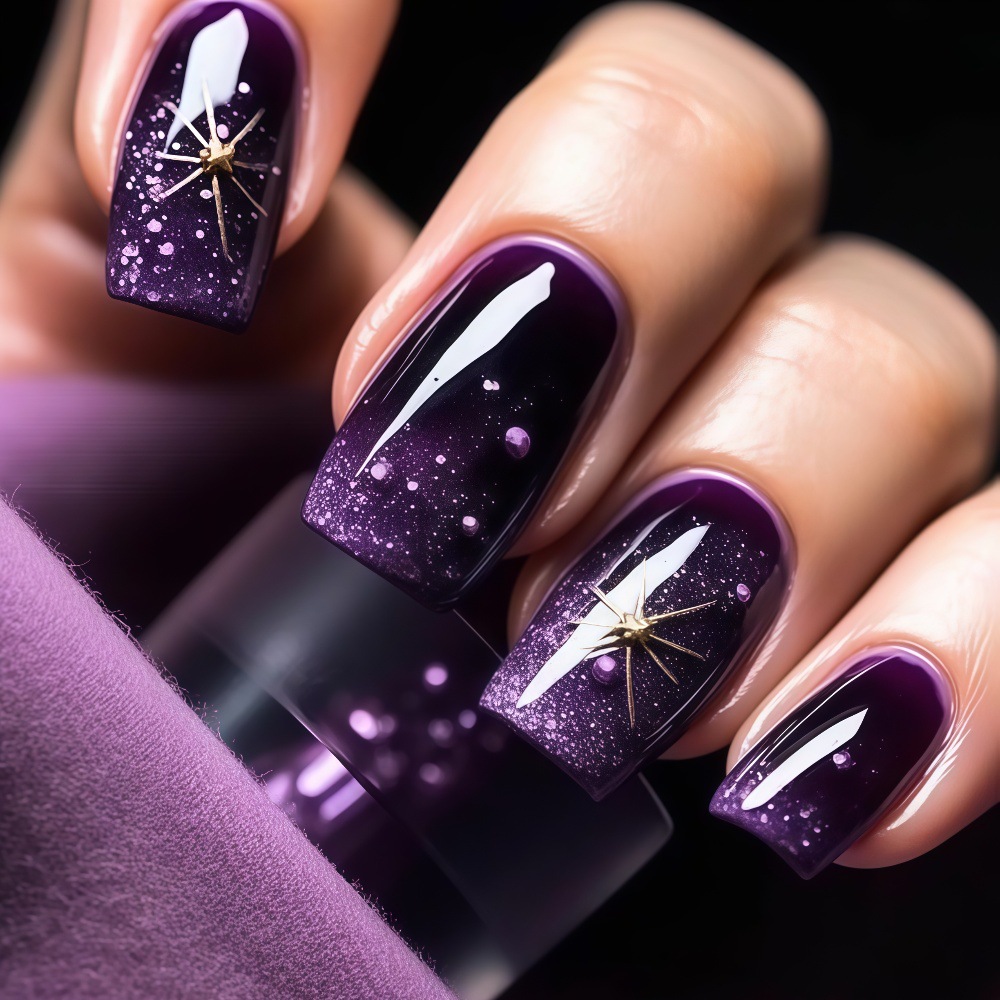 Nail Art Maroon - 短いミディアムサイズのフェイクネイル、グラデーションパープルブルーのスクエアネイルチップ、ゴールドシルバーの星型装飾付き、プレスオンタイプのつけ爪