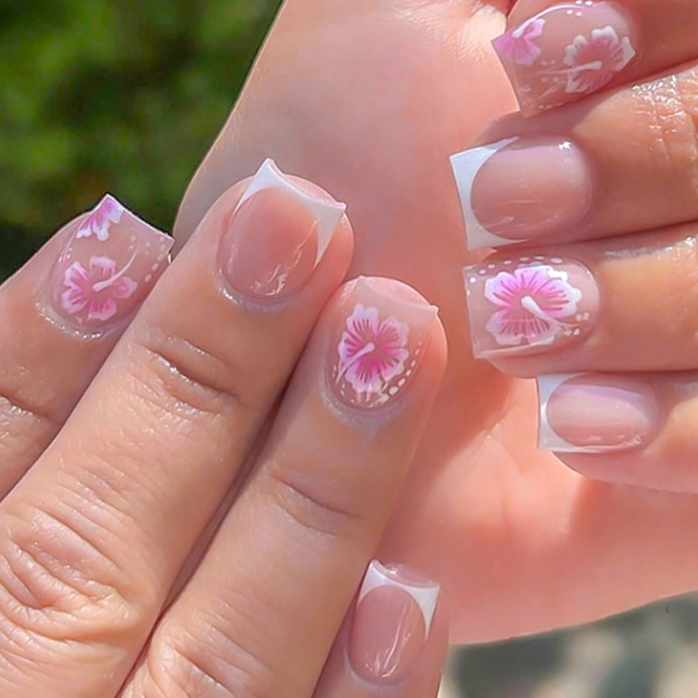 Nail Art Aesthetic - 24 個フレンチフラワー付け爪ピンクハイビスカスデザインフルカバープレスオンネイルウェアラブル人工偽指先女性 & グリル用
