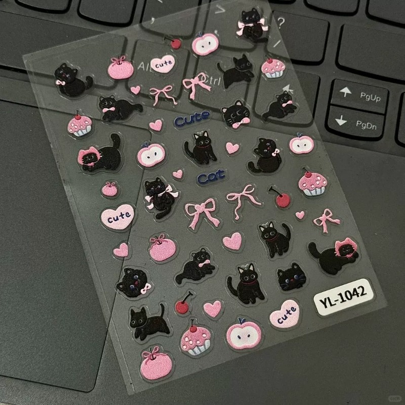 Nail Art Motif - かわいい漫画風の黒猫3Dレリーフステッカー、愛らしい女の子のアートネイル、子猫デコレーションDIYゼリーステッカー、スマホケースやスクラップブック用