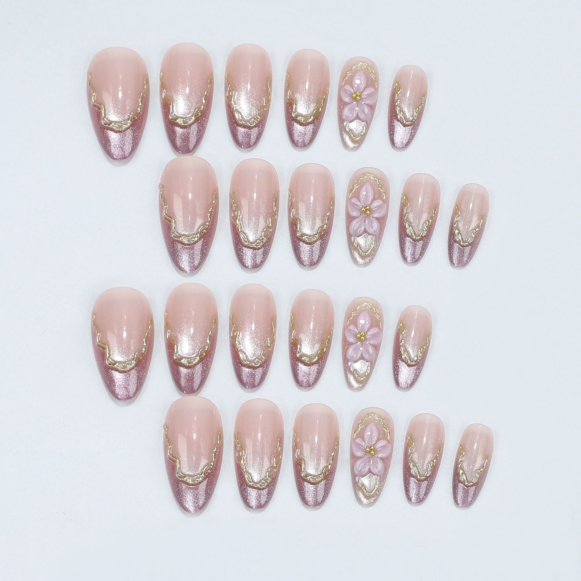 3Dフラワーデザインのフェイクネイル、光沢のあるキャットアイ - Nail Art Aesthetic のレビューと価格