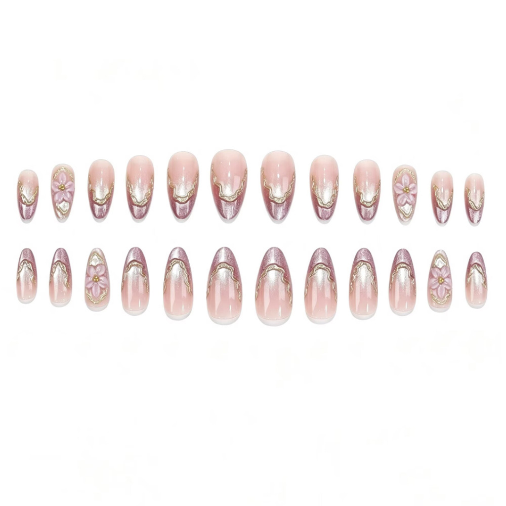 3Dフラワーデザインのフェイクネイル、光沢のあるキャットアイ - Nail Art Aesthetic のレビューと価格