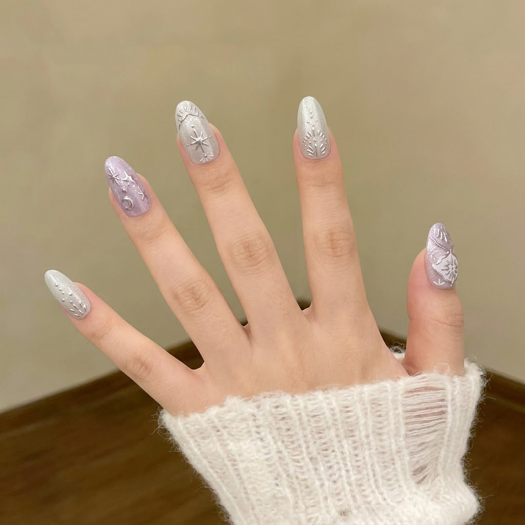 10個入り バロック風プレスオンネイル シルバー星月エンボス - Nail Art Maroon のレビューと価格