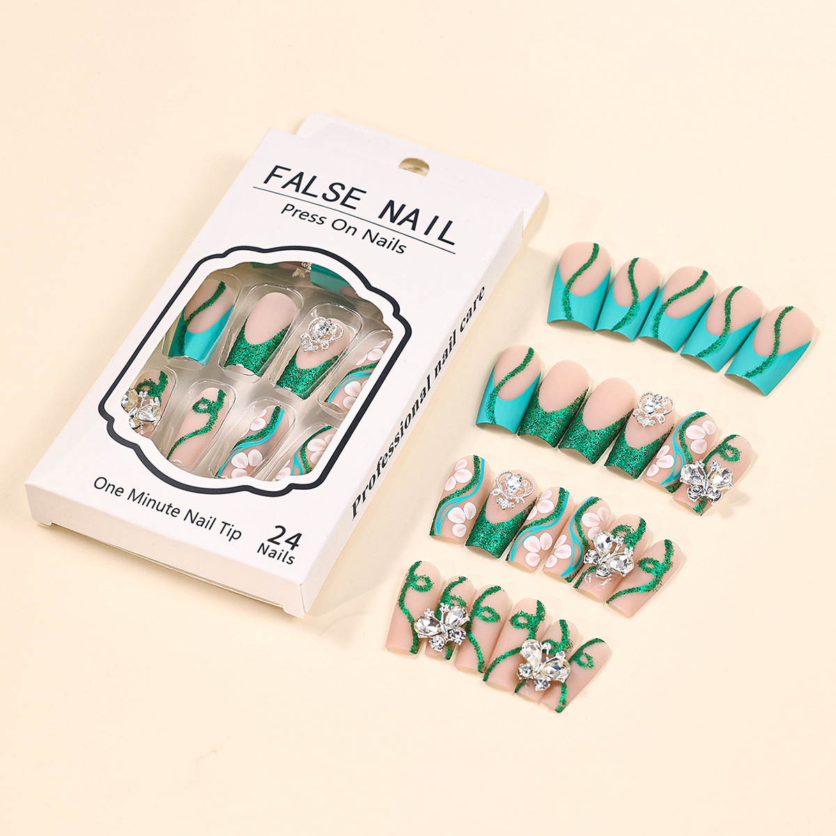 ネイル、バレリーナの偽のネイル、ネイルの光沢のある接着剤、緑 - Nail Art Aesthetic のレビューと価格