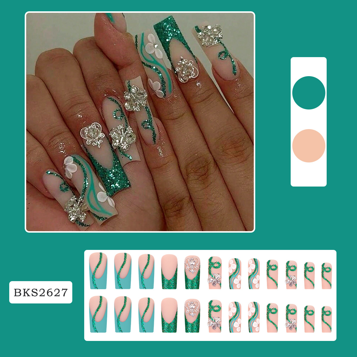 ネイル、バレリーナの偽のネイル、ネイルの光沢のある接着剤、緑 - Nail Art Aesthetic のレビューと価格