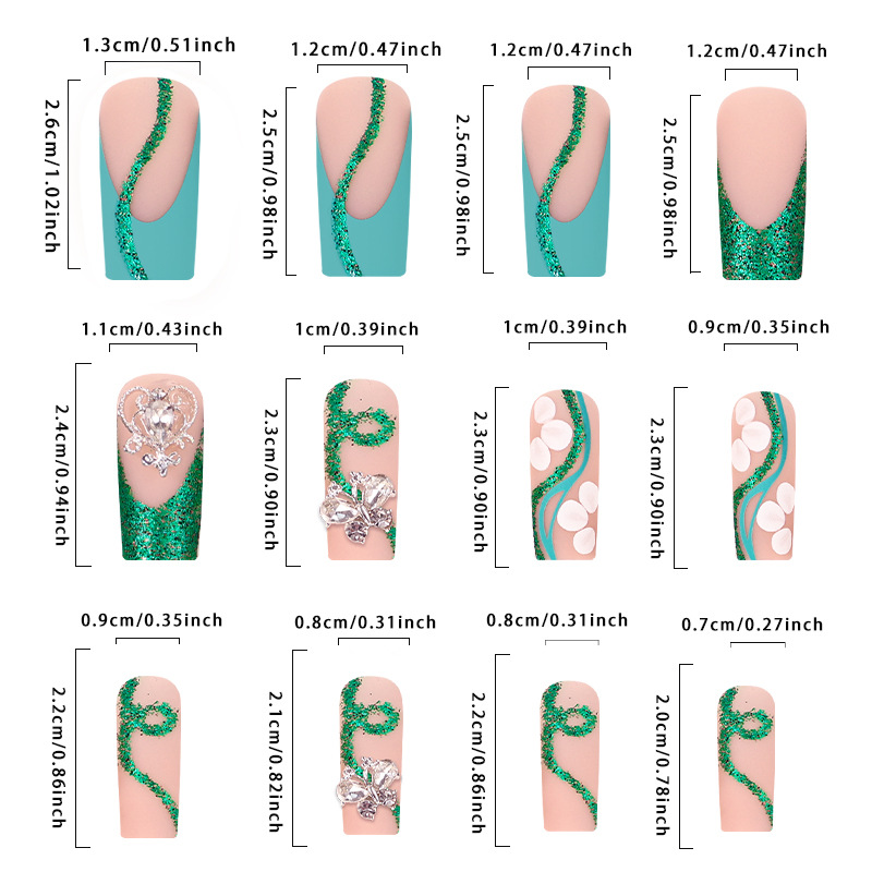 ネイル、バレリーナの偽のネイル、ネイルの光沢のある接着剤、緑 - Nail Art Aesthetic のレビューと価格