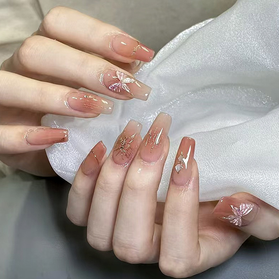 女性用ミディアムロングフェイクネイル、グラデーションヌードブ - Nail Art Aesthetic のレビューと価格