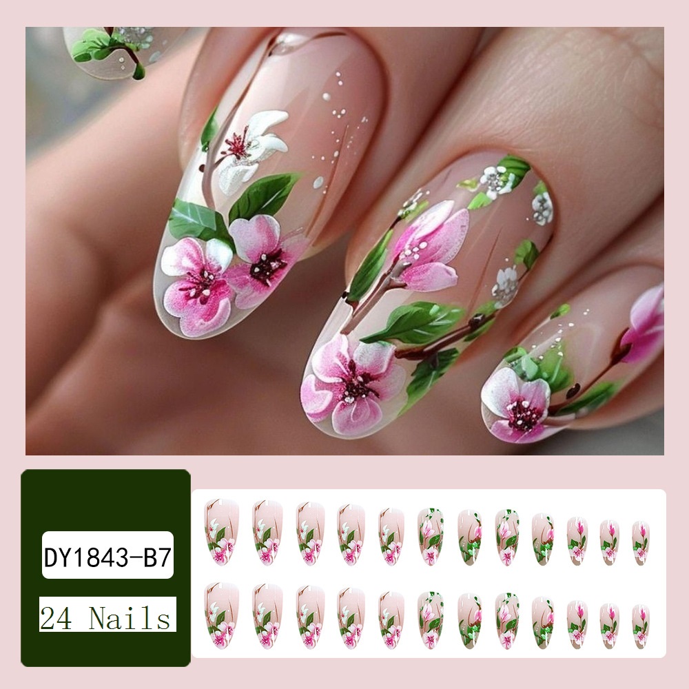 短いアーモンドの偽の爪,接着剤付きの3D花,カラフルな天然ア - Nail Art Design のレビューと価格
