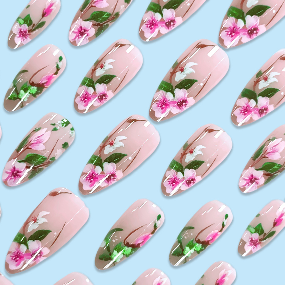 短いアーモンドの偽の爪,接着剤付きの3D花,カラフルな天然ア - Nail Art Design のレビューと価格