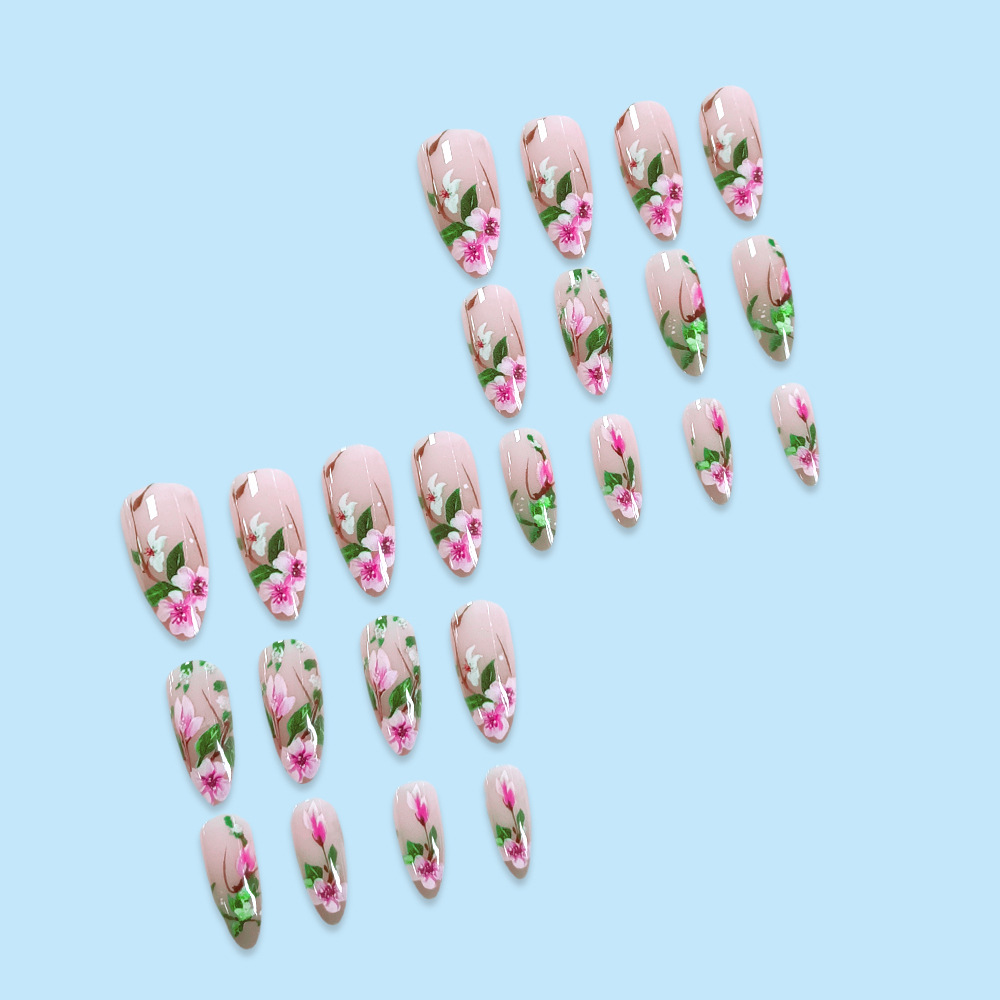短いアーモンドの偽の爪,接着剤付きの3D花,カラフルな天然ア - Nail Art Design のレビューと価格