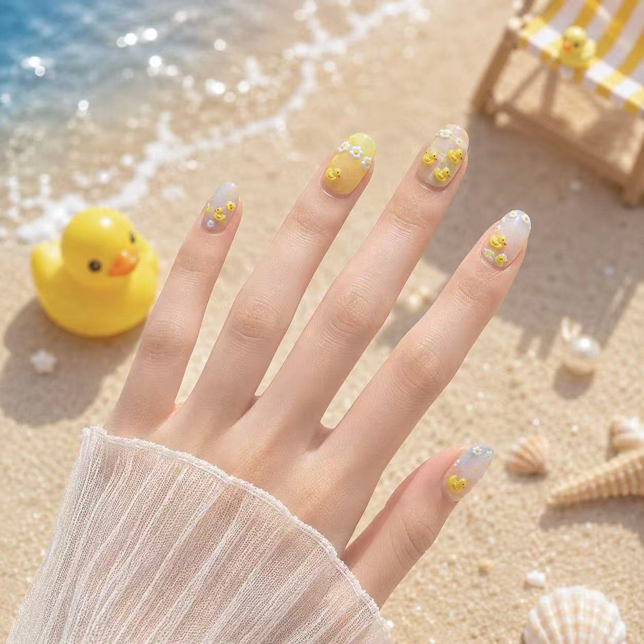 かわいい黄色のアヒルカニネイルステッカー漫画動物デイジー花デ - Nail Art Yellow のレビューと価格