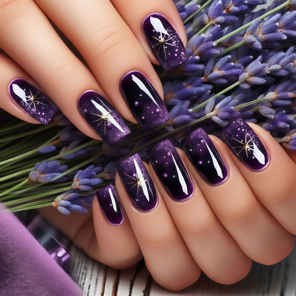 短いミディアムサイズのフェイクネイル、グラデーションパープル - Nail Art Maroon のレビューと価格
