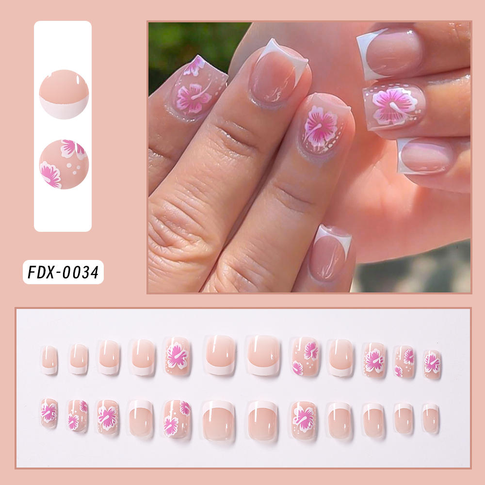 24 個フレンチフラワー付け爪ピンクハイビスカスデザインフル - Nail Art Aesthetic のレビューと価格
