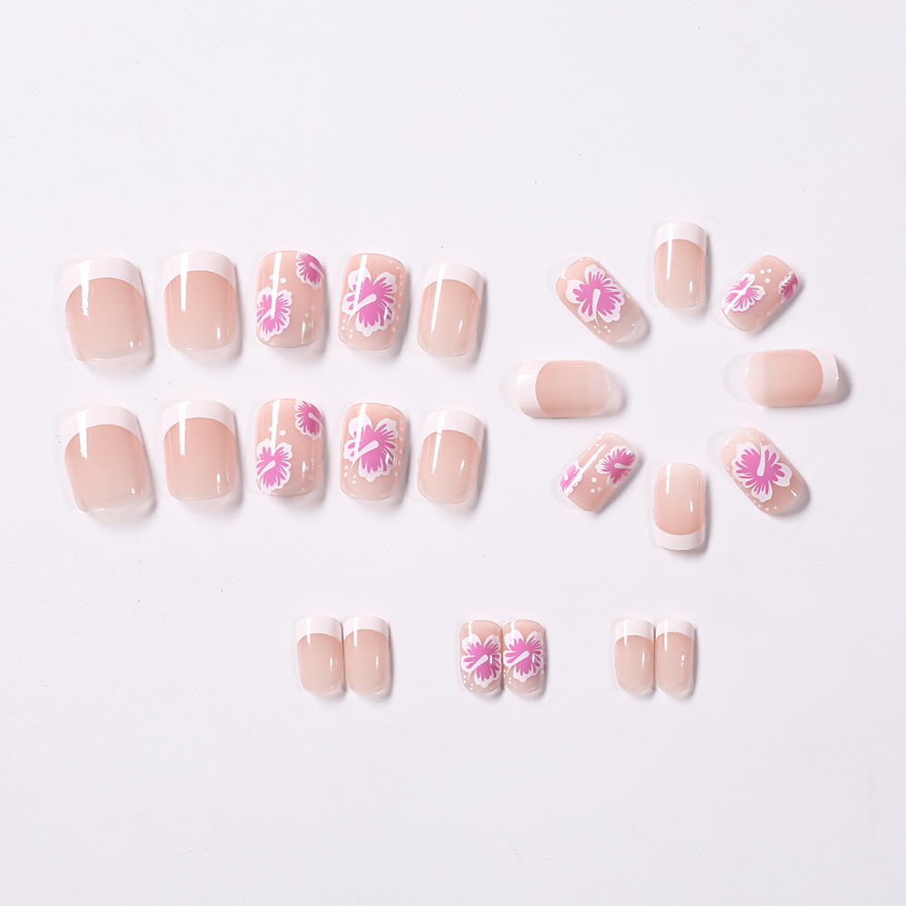24 個フレンチフラワー付け爪ピンクハイビスカスデザインフル - Nail Art Aesthetic のレビューと価格