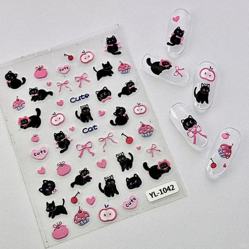 かわいい漫画風の黒猫3Dレリーフステッカー、愛らしい女の子の - Nail Art Motif のレビューと価格